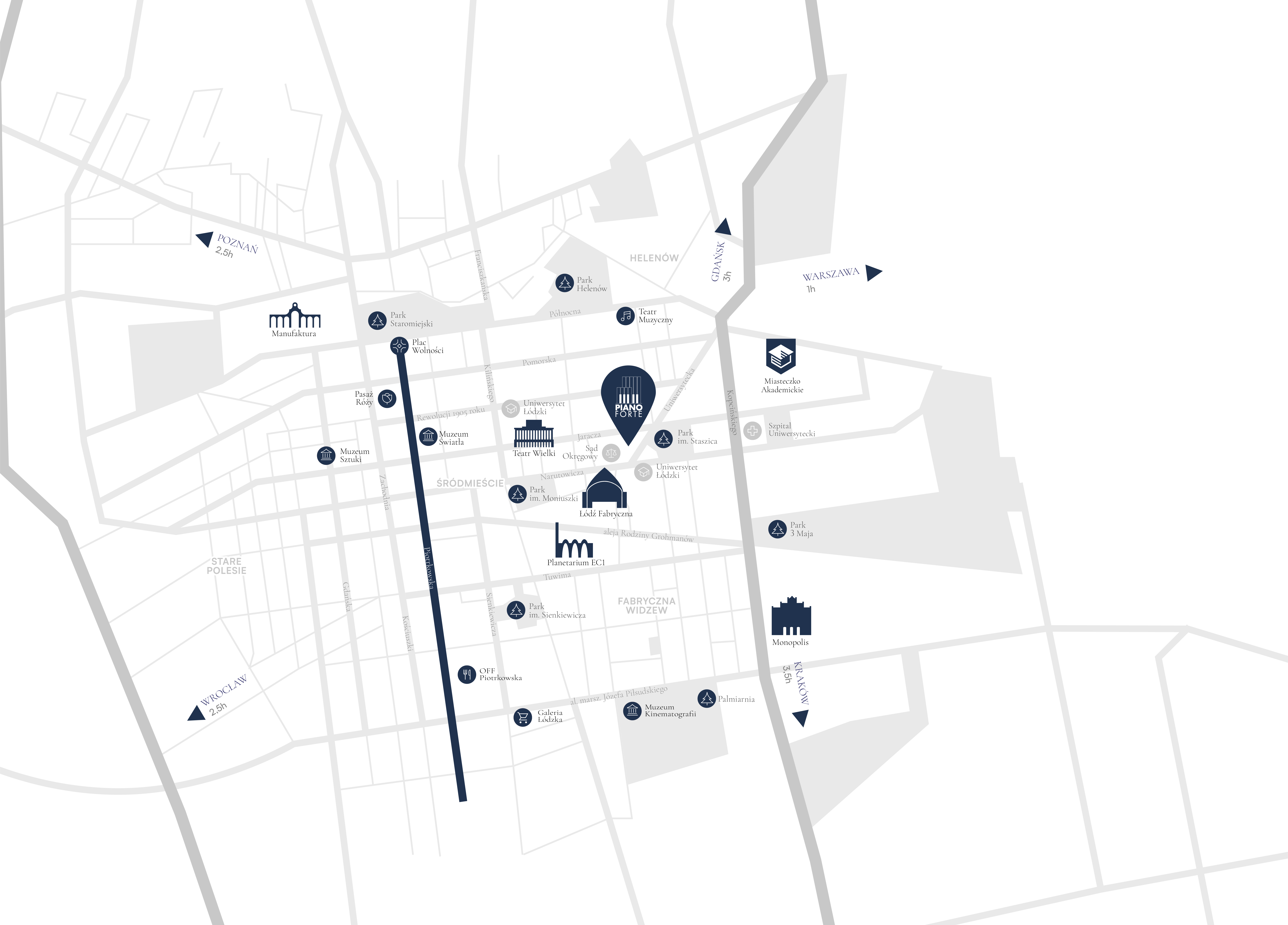 Mapa centrum Łodzi z zaznaczoną inwestycją